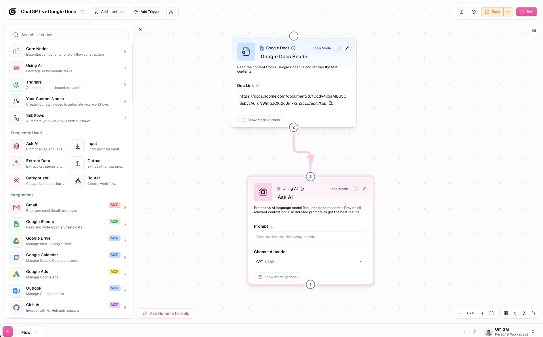 Google Docs to ChatGPT connection