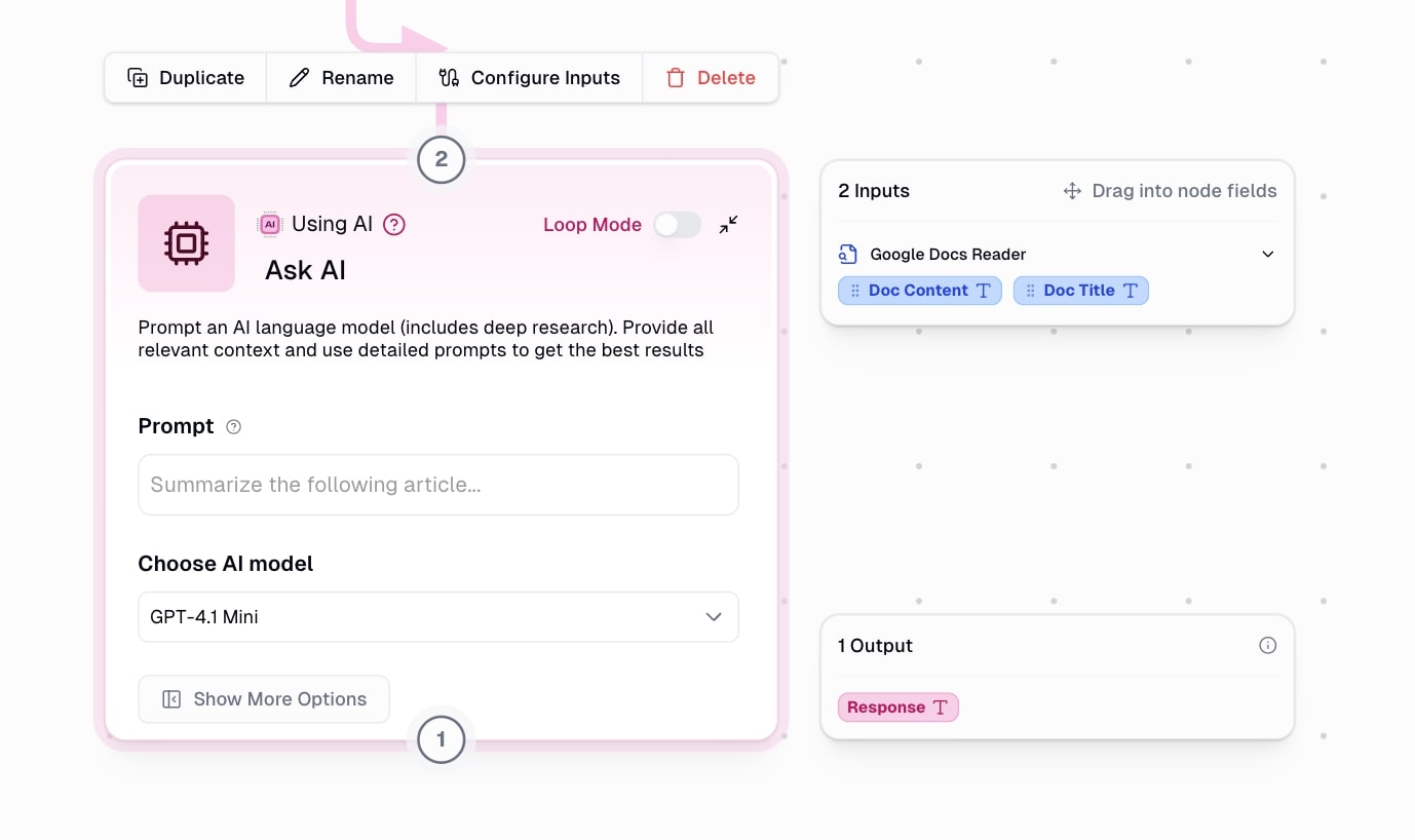 Input to Ask AI node