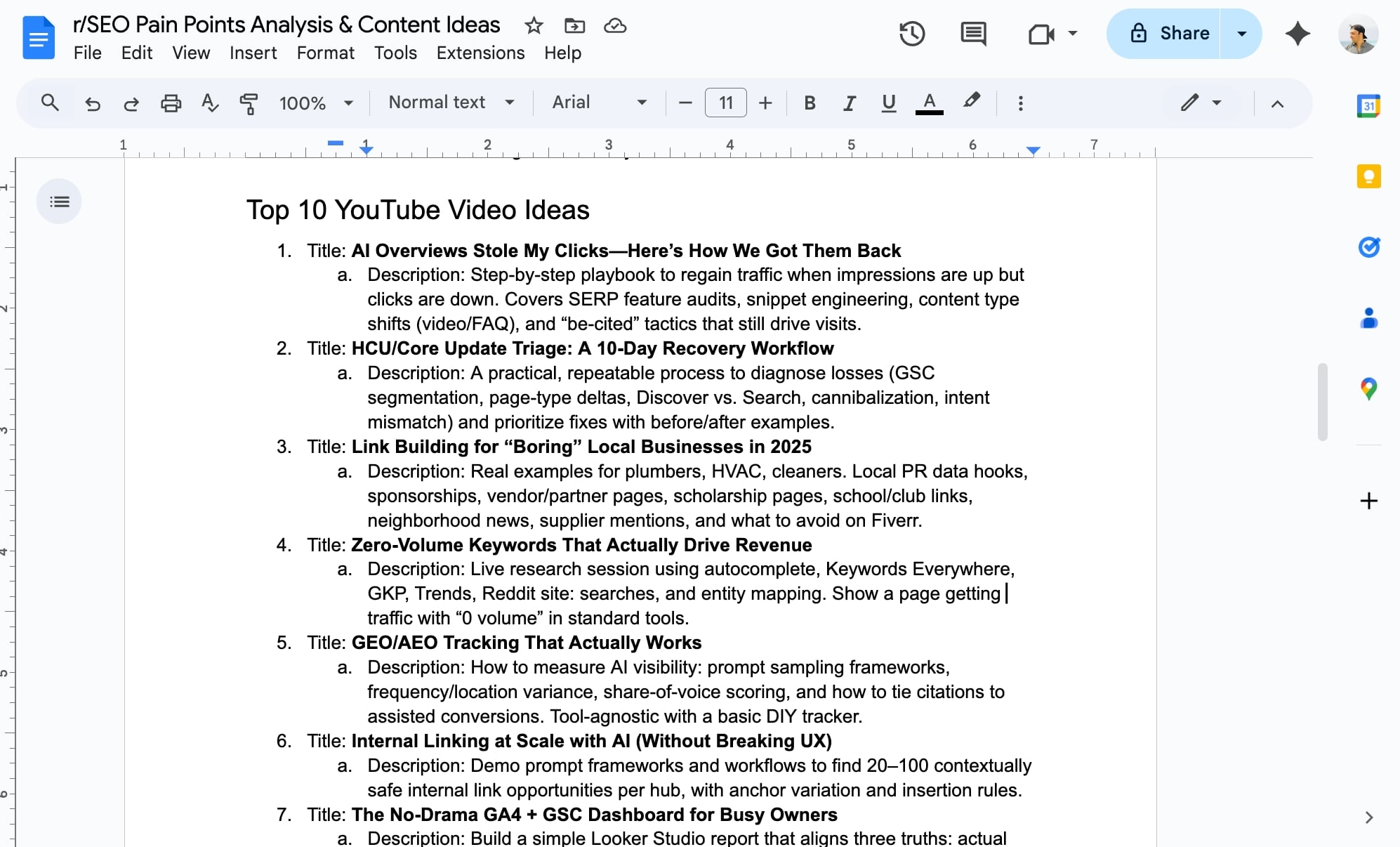YouTube video ideas in a Google Doc