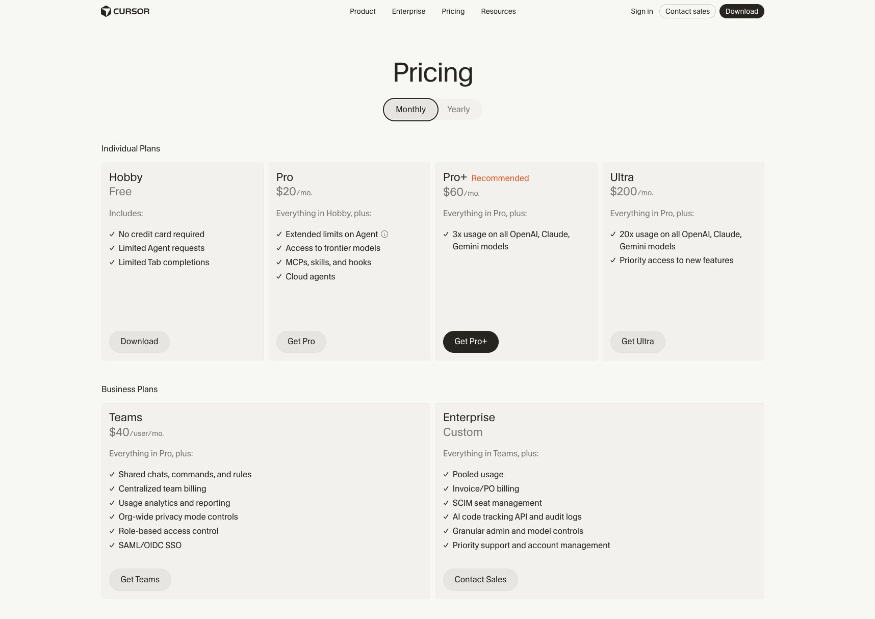 Cursor pricing plans