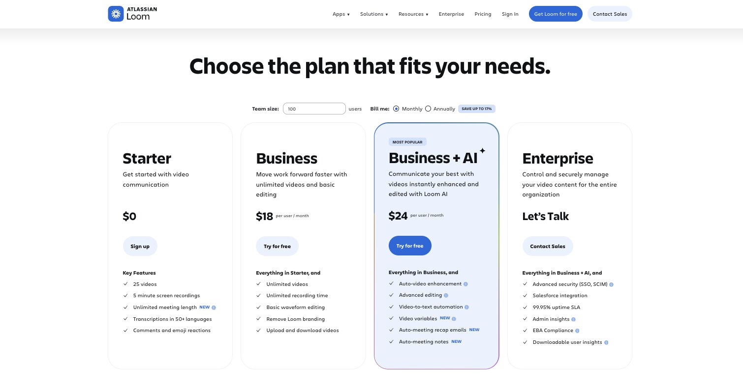 Loom pricing page