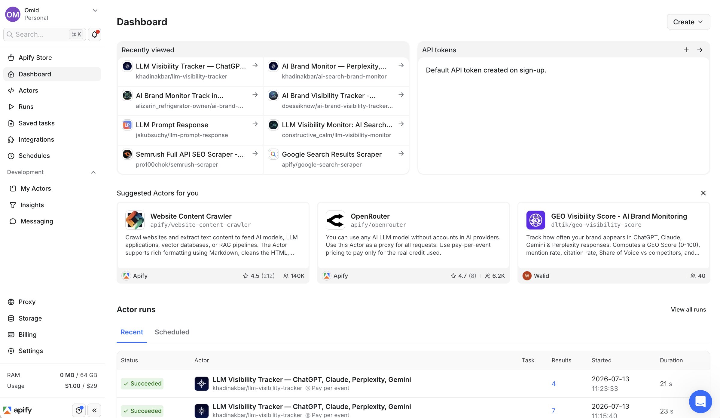 My Apify dashboard